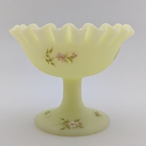 FENTON Custard Satin Glass Pedestal Handpaint